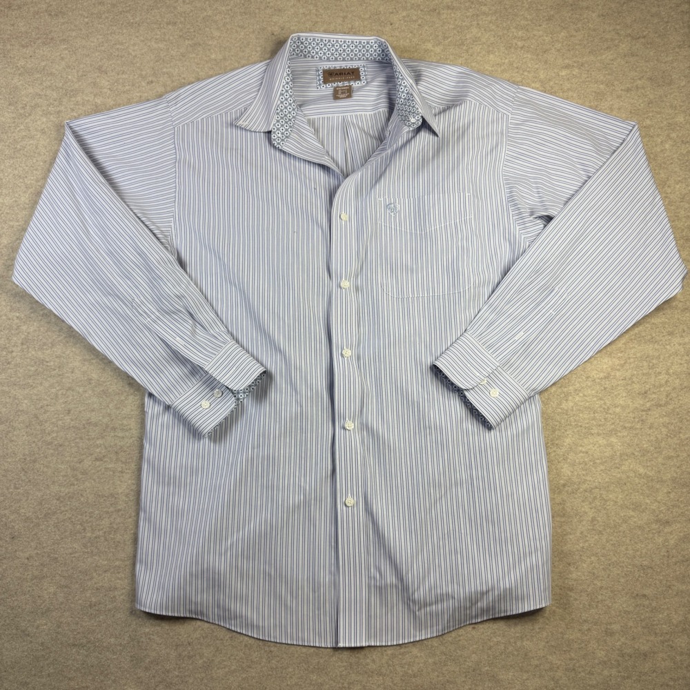 Ariat Mens Large Blue White Striped Wrinkle Free Long Sleeve Button Down Shirt